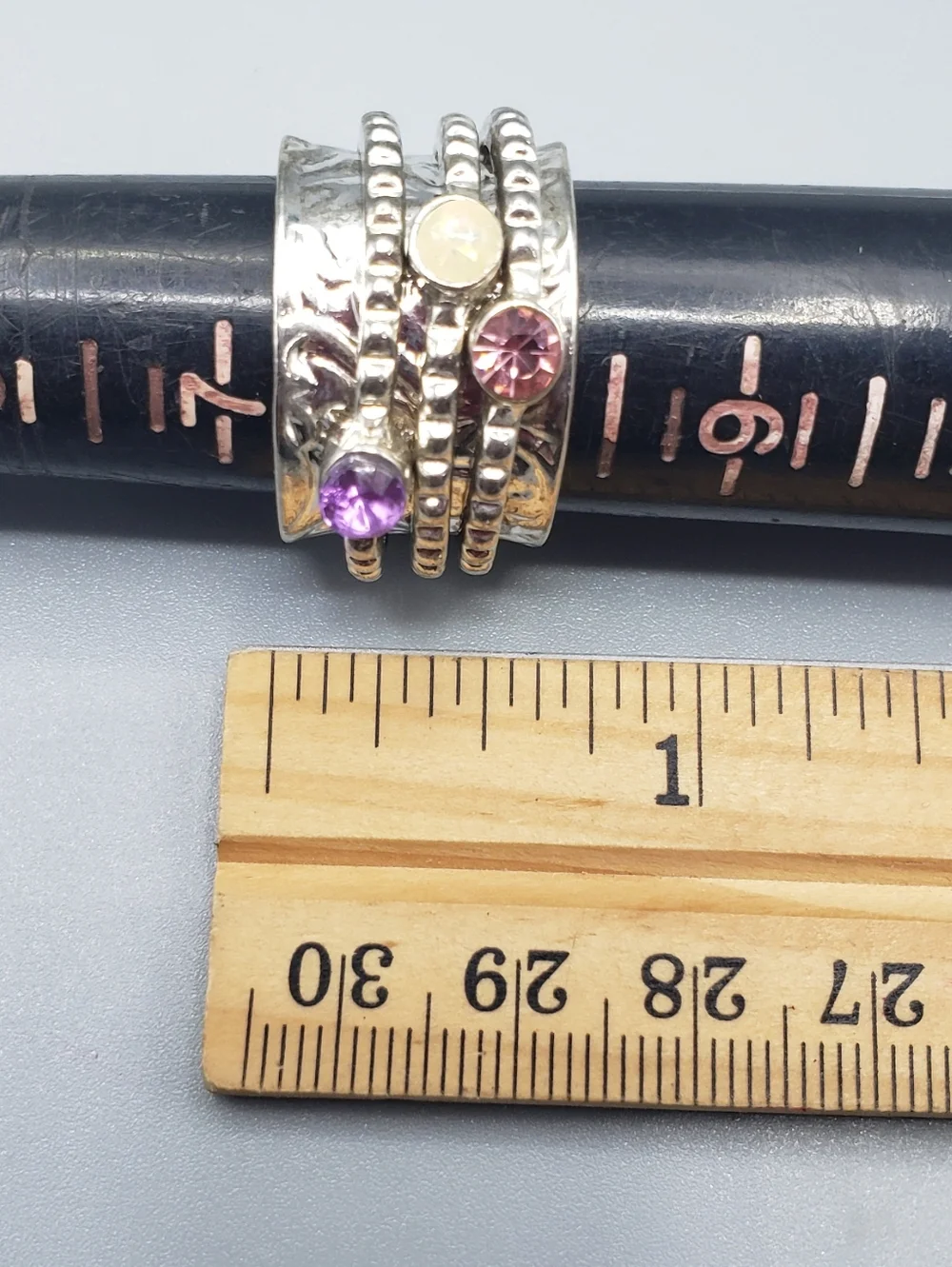 Silver Spinner Ring - 3 Multi-Stack Ring w/ Pink Purple Cream Stones - Hammered